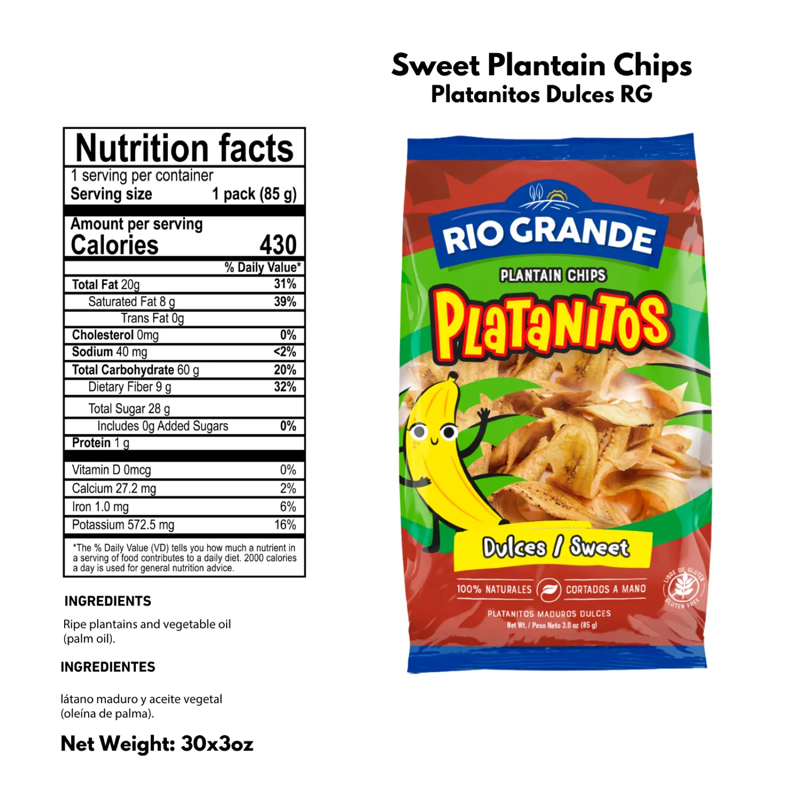 Sweet Plantain Chips Rio Grande Foods product information