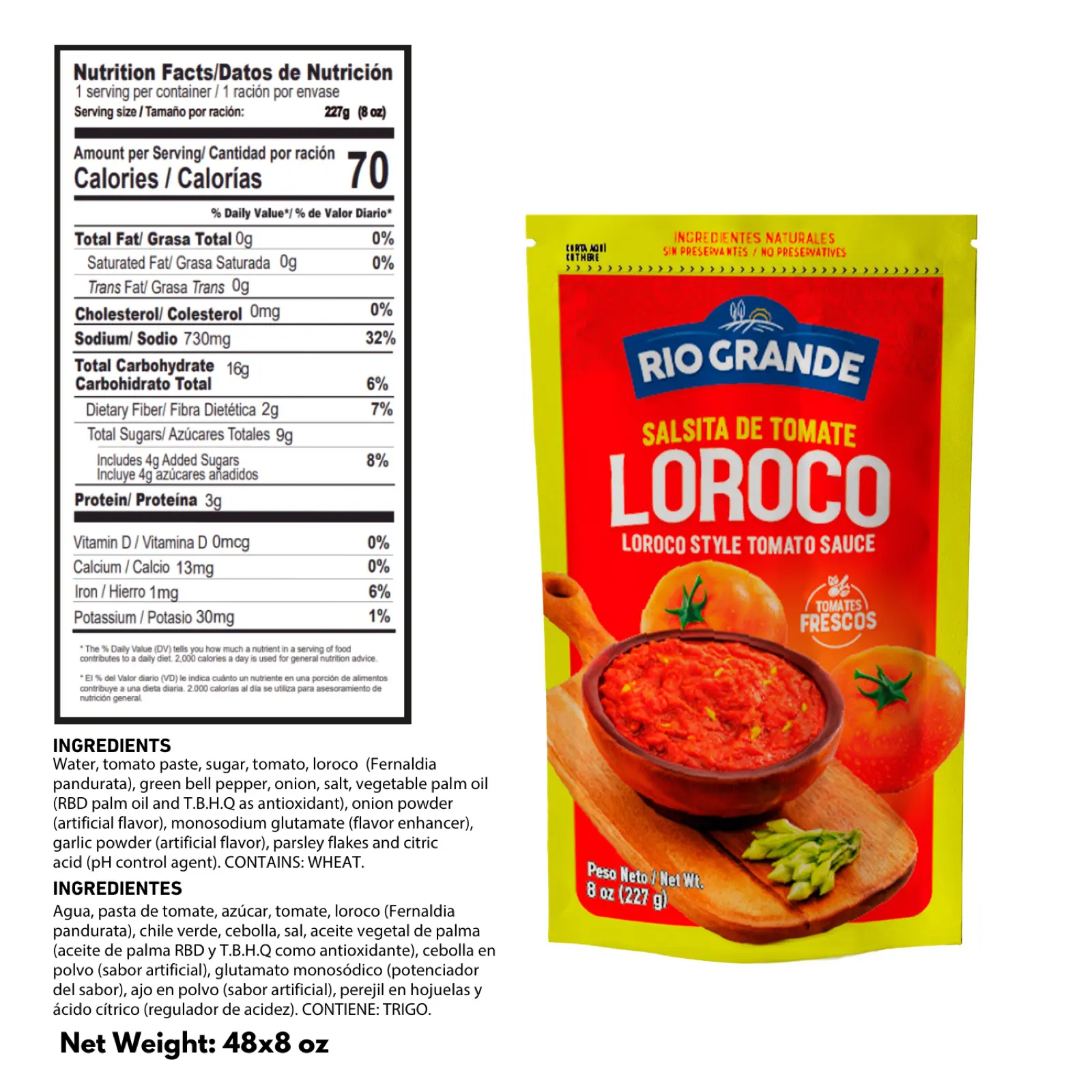 Salsita de Tomate con Loroco / Loroco Style Tomato Sauce 8 oz – Rio Grande Foods – tabla nutricional SAS016