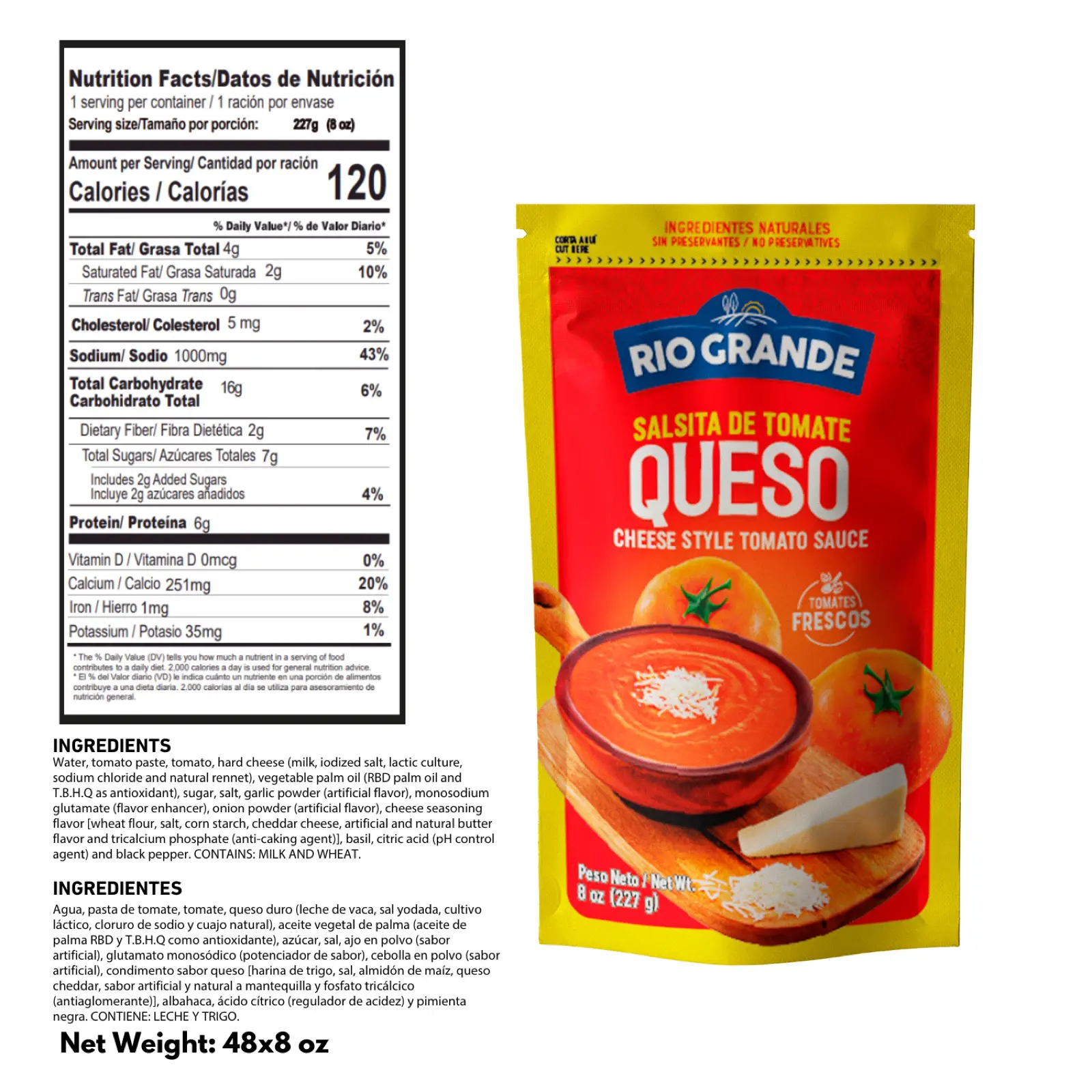 Salsita de Tomate con Queso / Cheese Style Tomato Sauce 8 oz – Rio Grande Foods – tabla nutricional SAS017