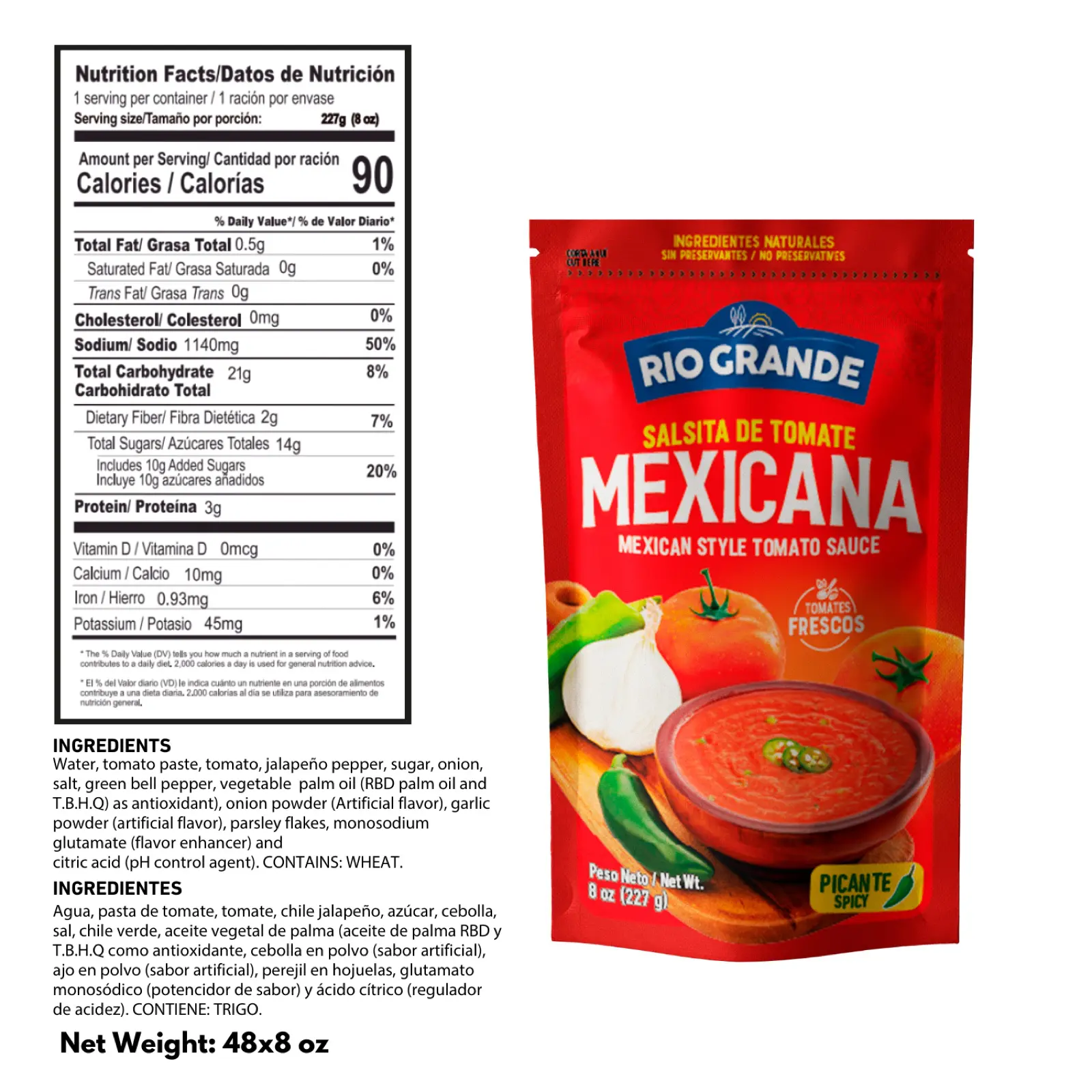 Salsita de Tomate Mexicana Picante / Mexican Style Tomato Sauce 8 oz – Rio Grande Foods – tabla nutricional SAS019