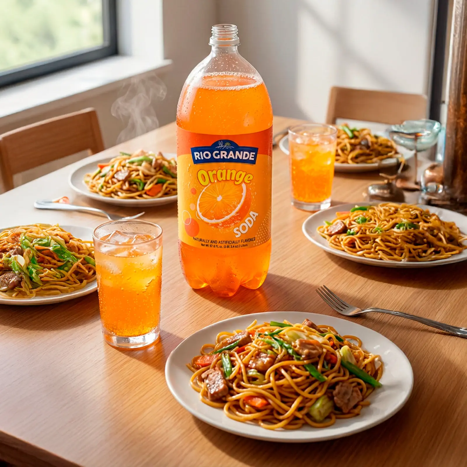 Soda Naranja Rio Grande 2 L servida en la mesa